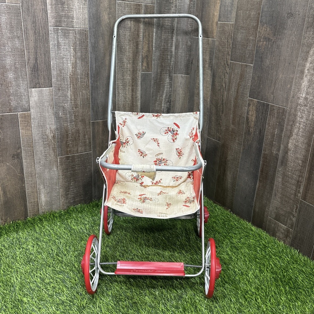 Vintage South Bend Doll Stroller Baby Carriage Red Wheels Floral Vinyl Toy
